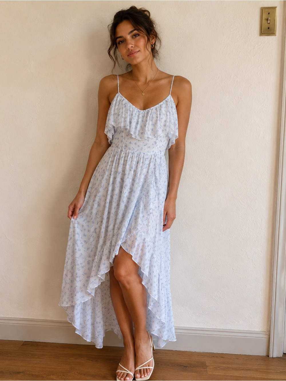 Abercrombie & Fitch Pale Blue Floral Ruffle High-Low Dress - Picture 1 of 5